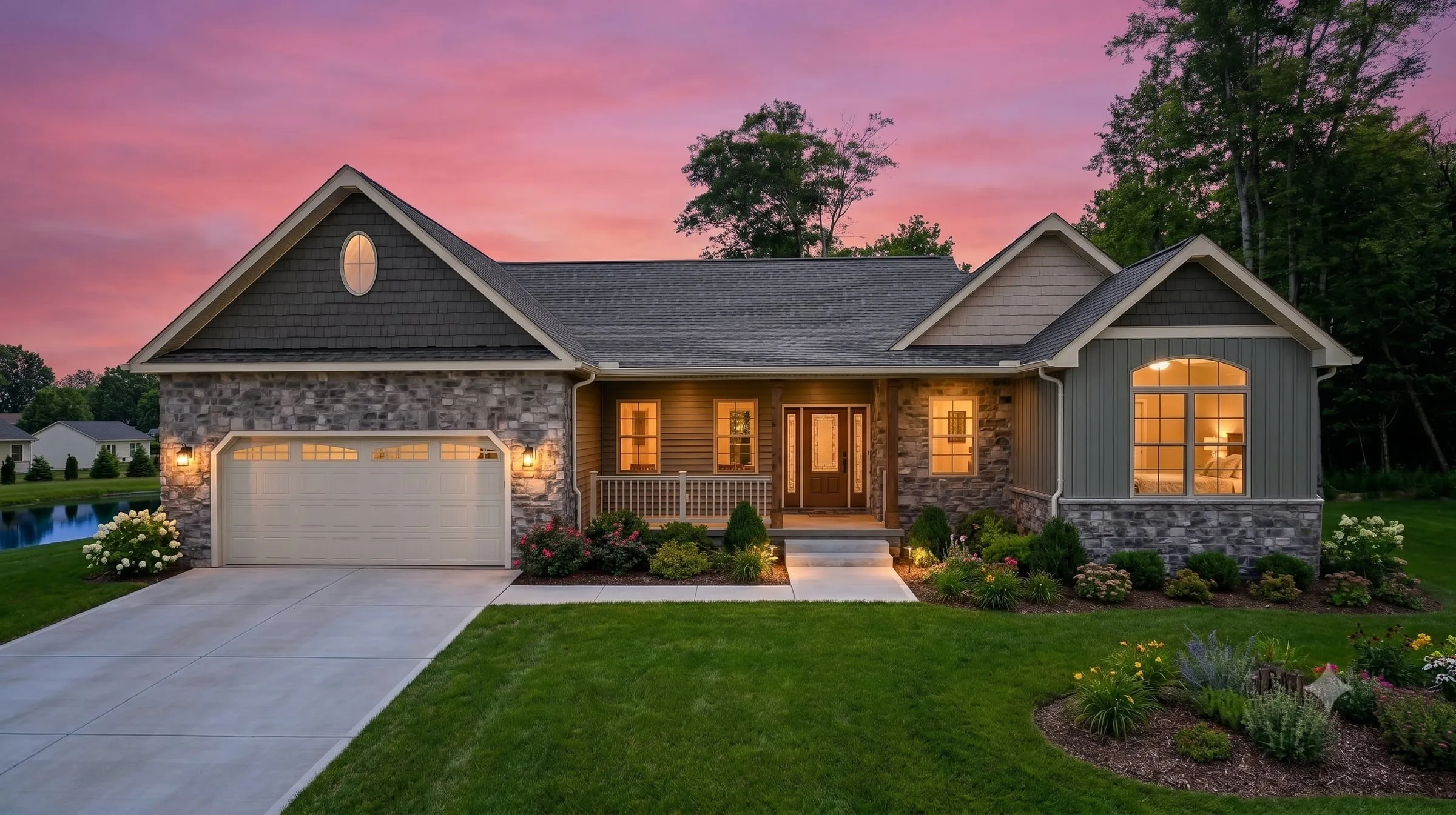 A completed Willow Run home at dusk